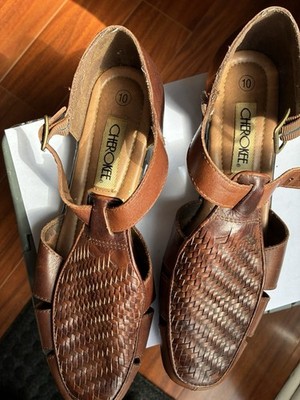 Cherokee women s Brown Leather Woven Buckle Sandals Size 10 Adjustable Strap