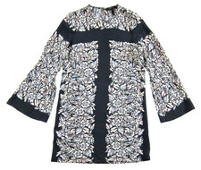 BCBGMAXAZRIA Black Grey Pink Floral Long Flare Sleeve Shift Tunic Dress XXS
