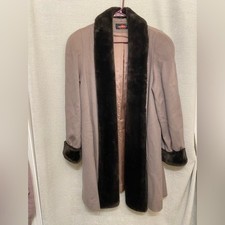 Vtg Taupe Trench Coat with Brown Faux Fur Trim