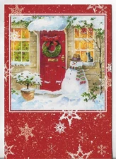 NOS LEANIN' TREE Christmas Card 4.75x6.75 Red Front Door Snowman Hat Snowflakes