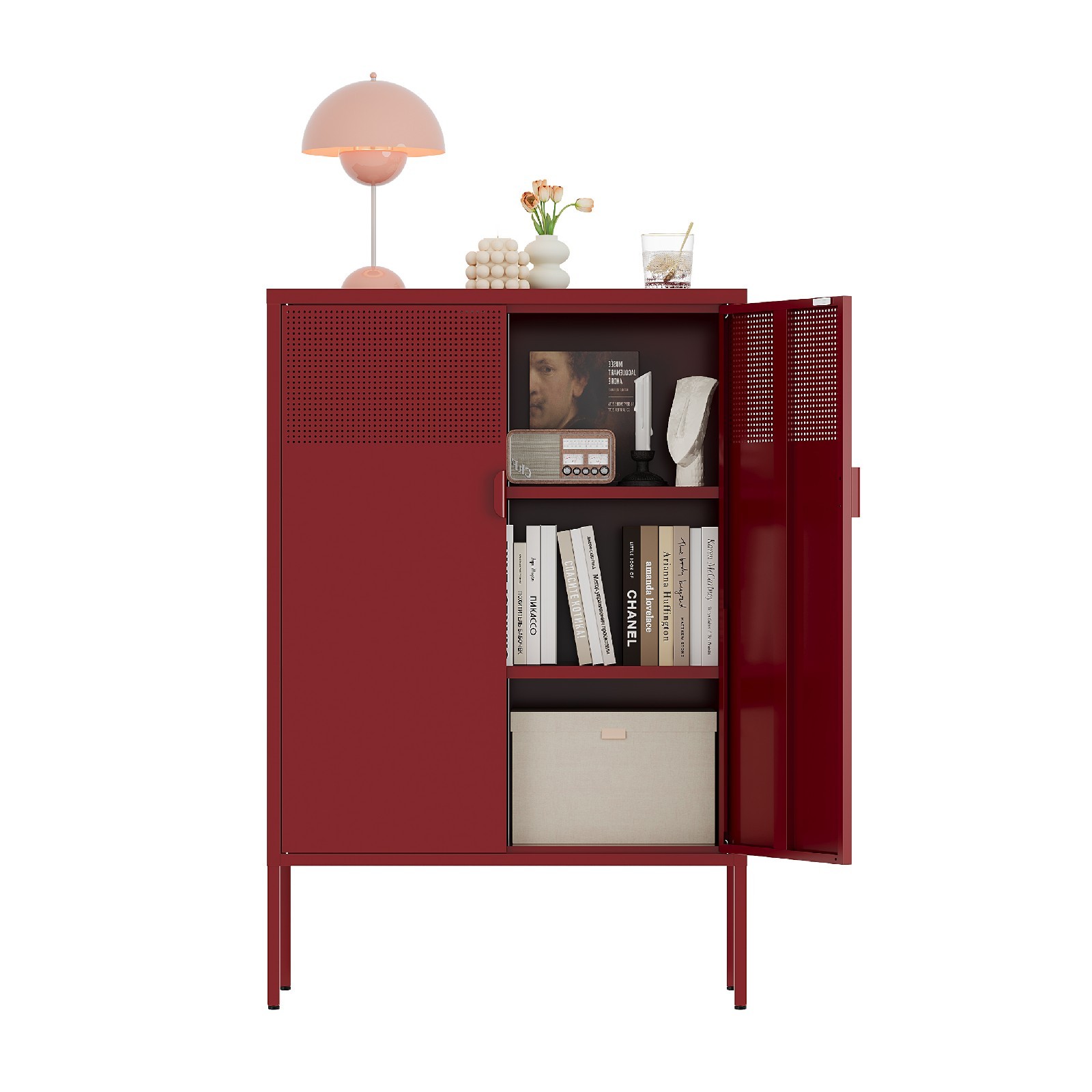 Red Metal Storage Cabinet,2 Door TV Stand, Metal Mesh Accent Cabinet