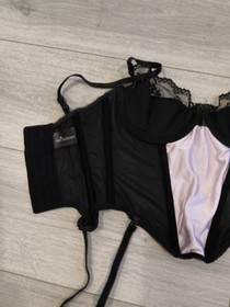 Ann Summers Black & Light Pink Satin Lace & Mesh Suspender Basque Size 36B