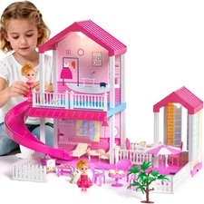 2-Story Doll House with Pool & Slide, Toy Figure, Pet Dogs, Furniture and Acc...