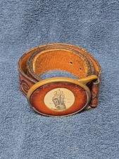 Vintage Brown Tooled Leather Western Belt w Brass/Leather Combo Buckle 40  Ship