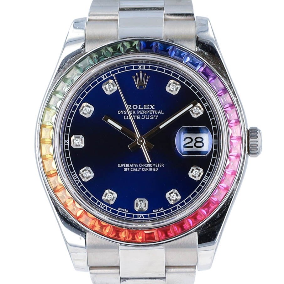 40ナツハゼ Rolex Datejust II 116334 Steel Blue Diamond Dial Rainbow Bezel
