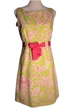 Eliza J Green Pink Floral Cotton Dress Size 4 Sleeveless Ribbon Waist