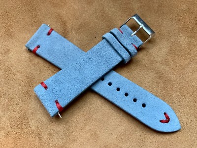02 Straps Hand Made BLUE Vintage Leather watch band strap 20mm RED Stitch