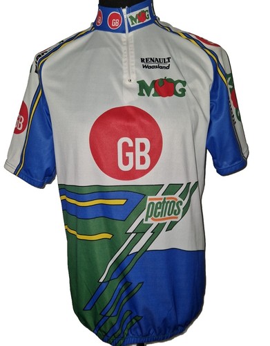 RARE CYCLING SHIRT JERSEY MAGLIA TRIKOT CAMISETA MOG GB BIANCHI PETROS SIZE XL - Afbeelding 1 van 9