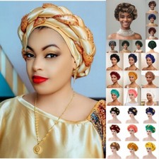 New Women Auto Gele Print Cap Twists Braid Headband African Nigeria Party Hat