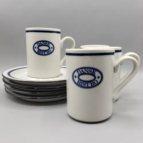 4 Dansk Bistro Tall Cup & Saucer Logo Blue Line Christianshavn Mug Coffee Tea