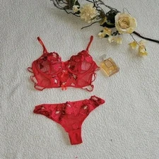 New! Embroidered Mesh Underwire Lingerie Set size L
