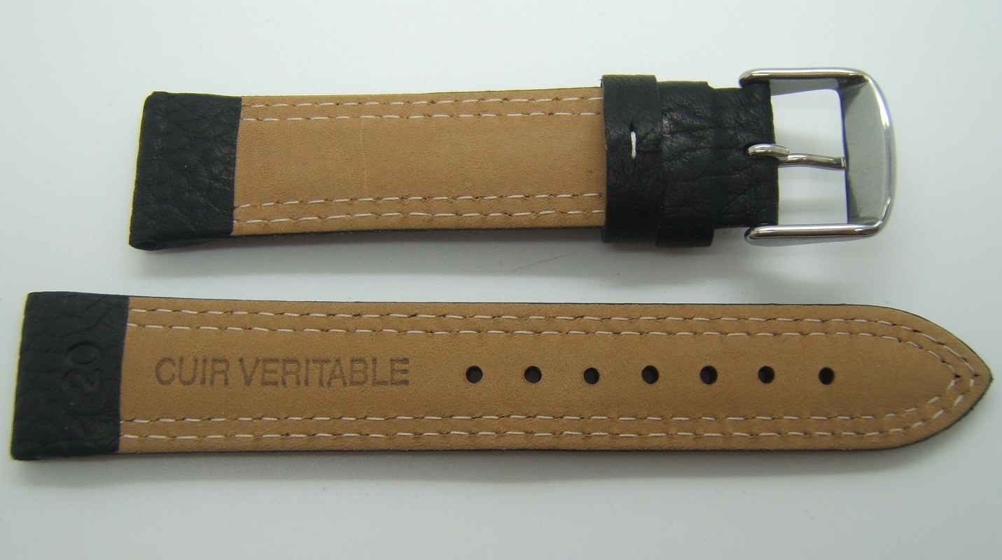 Bracelet Master Compressor Memovox en cuir noir 20mm coutures blanches