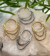 1pc Front Gems or Opals Chain Hinged Segment Ring 16g Septum Clicker 316L Steel