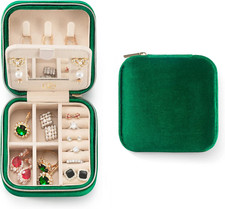 Emerald Green Plush Velvet Travel Jewelry Case  Organizer with Mirror