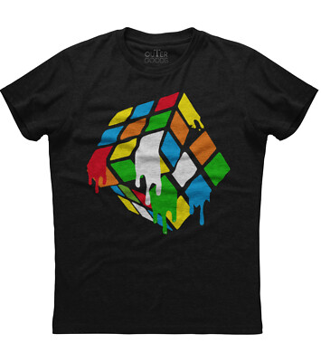 Melting Rubik Rubix Rubics Cube Mens Short Sleeve New Cotton Black T-shirt