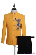 Chinese style Tang suits Mens Stand Collar Embroidery Dragon Retro Coats Pants 