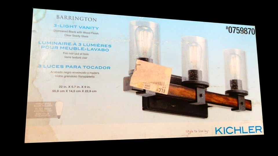 Tocador de 3 luces The Kichler negro envejecido con acabado de madera, incluye 3 bombillas. Foto 3 de 4