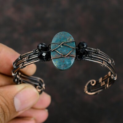 Bloodstone Wire Wrapped Adjustable Bangle Handcrafted Copper Valentine Gift
