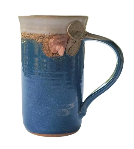 Vtg Studio Art Pottery Elaine Lamb Stoneware Blue Mug w/ Pink 3D Flower Signed