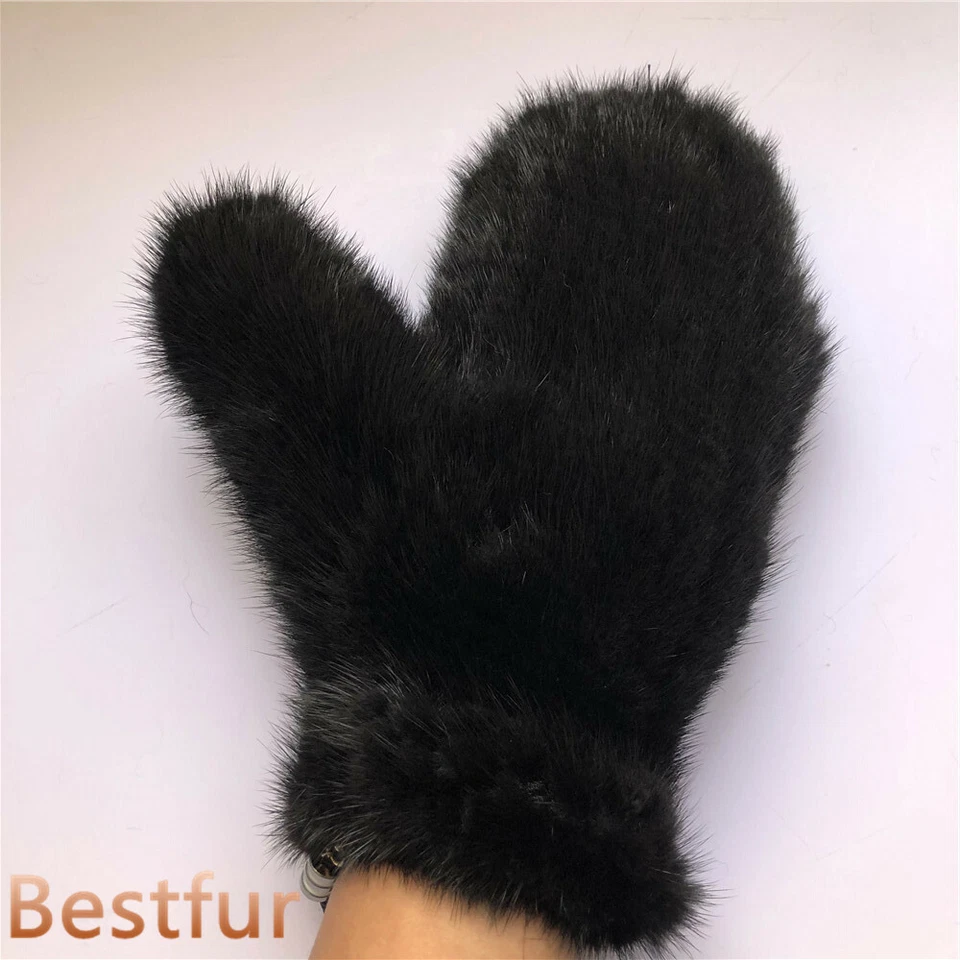 Women's Double Side Real Mink Fur Gloves Warm Knitted Elastic Mittens W String - Image 4 of 4