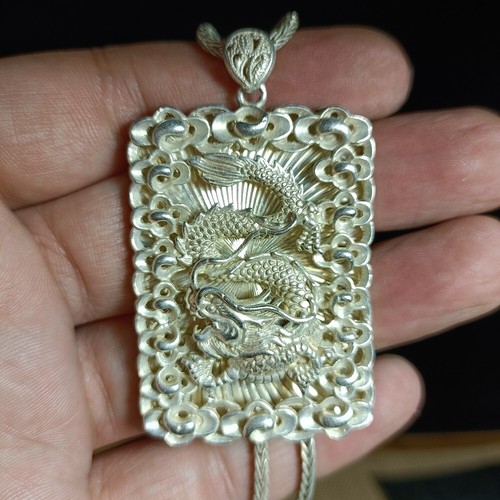 Chinesischer Tibet Silber geschnitzter Drache Anhänger und Halskette Fu Wort - Bild 3 von 3