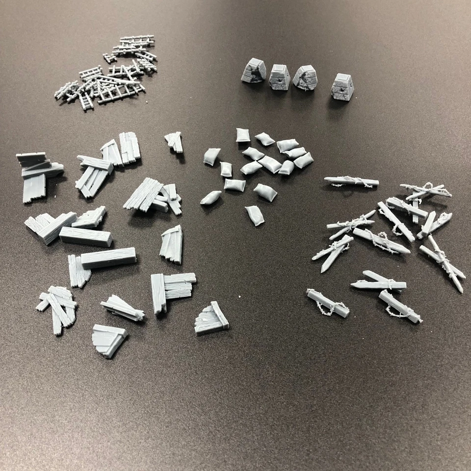 ZABAVKA WORKSHOP Basing decoration bits 28mm. Trench bits- ladders barbed wire and sandbags