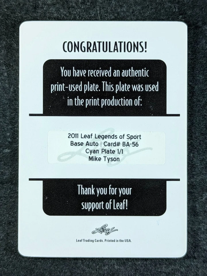 2011 Leaf Legends Of Sport MIKE TYSON 1/1 Auto Signatures Cyan Plate #BA-56 - Image 2 of 3