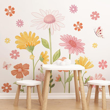 Boho Flower Wall Stickers, Daisy Butterfly Wall Decals, PVC Waterproof Self Adhe