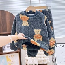 Kids Fuzzy Teddy Bear Fleece Pajama Set - Blue Sherpa Loungewear - Size 9-10