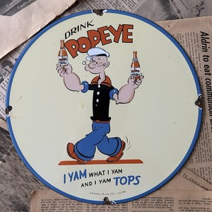 VINTAGE 1949 DRINK POPEYE SODA ADVERTISING 12 INCH PORCELAIN ENAMEL SIGN
