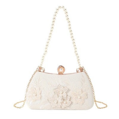 Delicate White Pearls Embellished Floral Clutch Top Handle Handbag Evening Bag