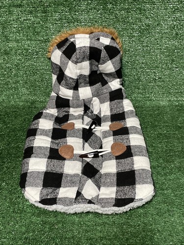 Dog Jacket W Hood Sherpa Gray Lining  White Black Plaid Size M -17In Back Length
