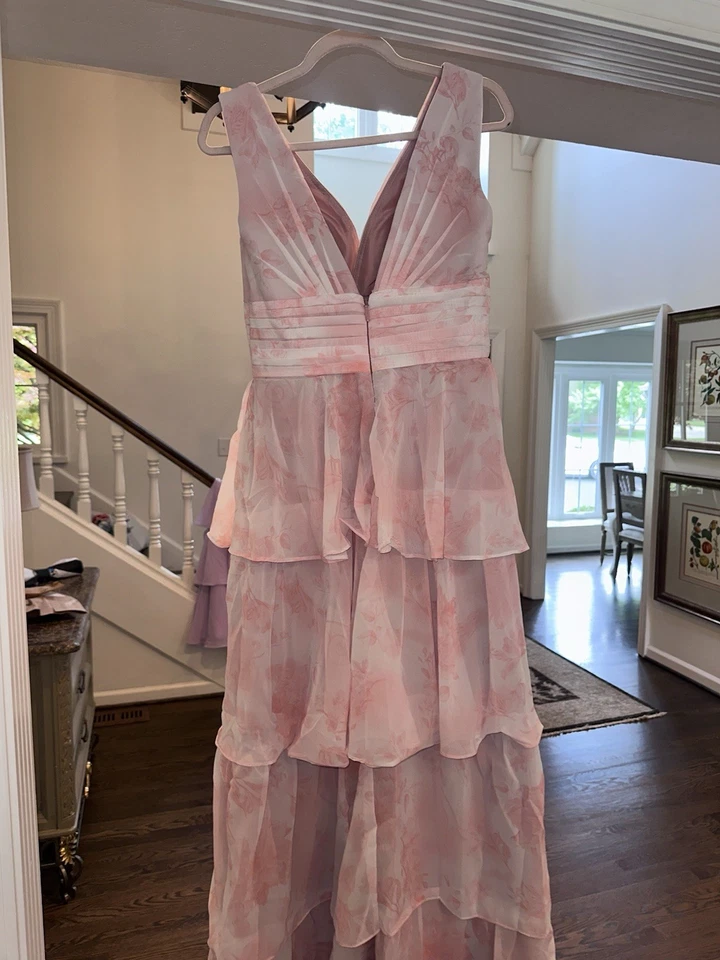 Vestido floral rosa de gasa con volantes en capas para mujer talla US 12  Foto 4 de 4