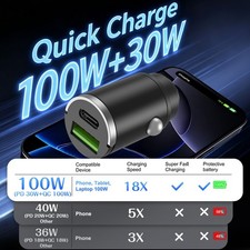 100W USB C Fast Car Charger Mini Stealth Cigarette Lighter Adapter for Android