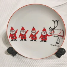Vintage Georges Briard Waving Santa w/ Reindeer Christmas Plate 7.5” Signed  MCM
