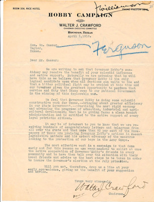 1918 William Hobby campaign letter head for governor Texas TX