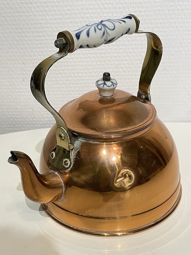 Magnifique Théière Bouilloire En Cuivre Poli Avec Poignée En Porcelaine Vintage - Picture 3 of 15