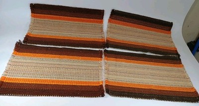 Vtg 70s Lot Of 4 Woven Placemats Boho Retro Stripe Dark Light Brown Orange Tan 