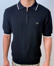 Men's Blue Short Sleeve Polo Shirt Zip Front Collared White Trim Size S