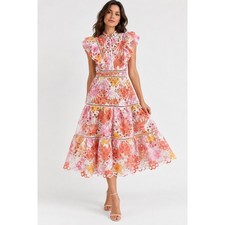 NWT Abundance Multicolor Lace Maxi Dress Pink Orange Eyelet Ruffle Tiered M