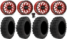 Raceline Krank 14" Wheels Red 26" Dual Threat Tires Kawasaki Brute Force IRS