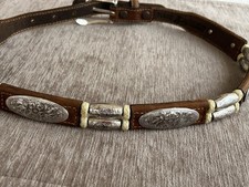 Justin Leather Western Belt Brown 25-29  Silvertone Oval Conch With Beads NWOT