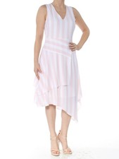 VINCE CAMUTO Womens Pink Striped Sleeveless V Neck Below The Knee Party Dress 2