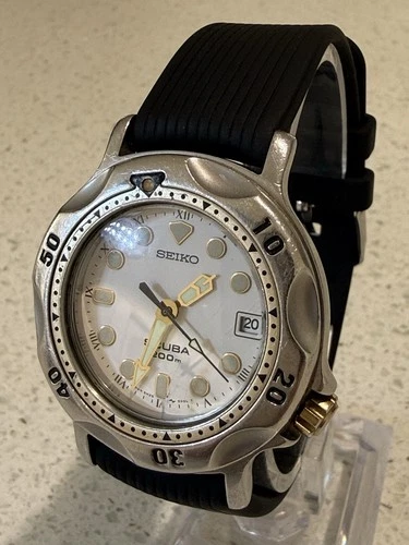 Vintage SEIKO Scuba 5H25-6000 Quartz White Dial D 39mm SS Mens Diver Watch Works