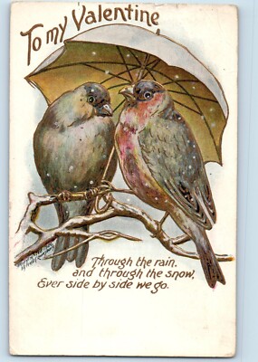 Valentine Birds With Umbrella Snow Winter Through The Rain Embossed Postcard