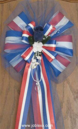 6 PATRIOTIC Flora Ribbon with Romantic Tulle Pew Bows for the BIG Occasion - Picture 1 of 4