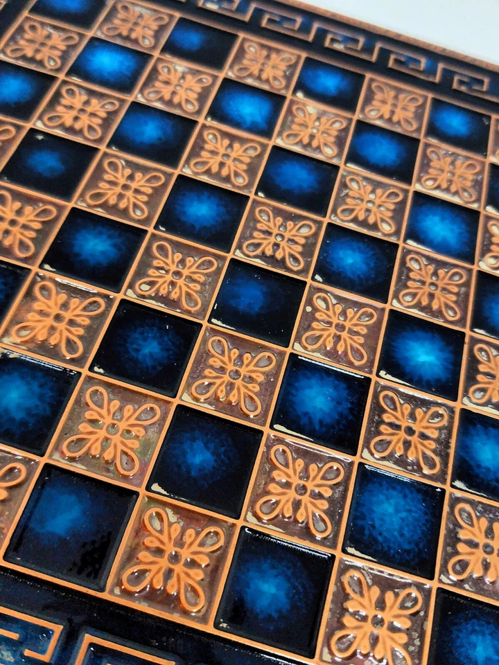 Manopoulos Mini Chess Board Greek Key Mythology Brass Blue Dot Board Only - Image 2 of 4