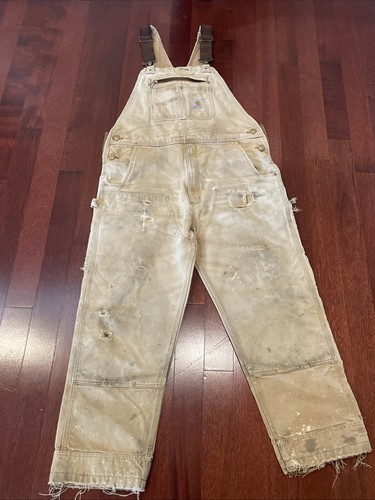 Vintage Thrashed Carhartt 40x28 Tan Canvas Overalls Bib Duck Double Knee Mens
