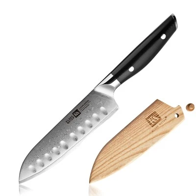 Klaus Meyer Luxor Damascus Steel 5.5 inch Santoku Knife with Wood Sheath