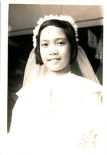 1960s First Communion Girl in White Dress Veil Catholic Vintage Photo